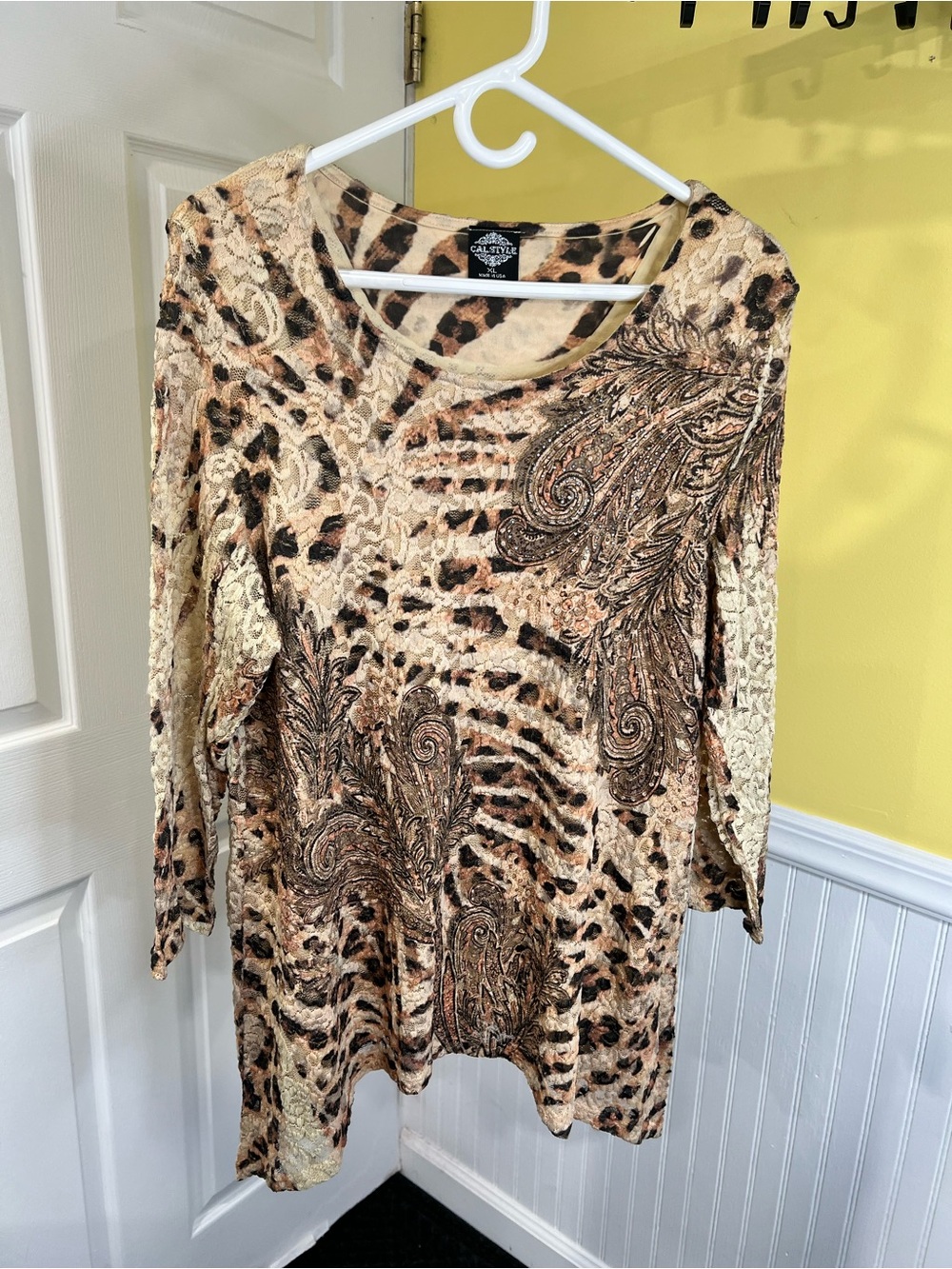 Paisley & Animal Print Long Sleeve Tee in Beige/Brown - CASTILLE